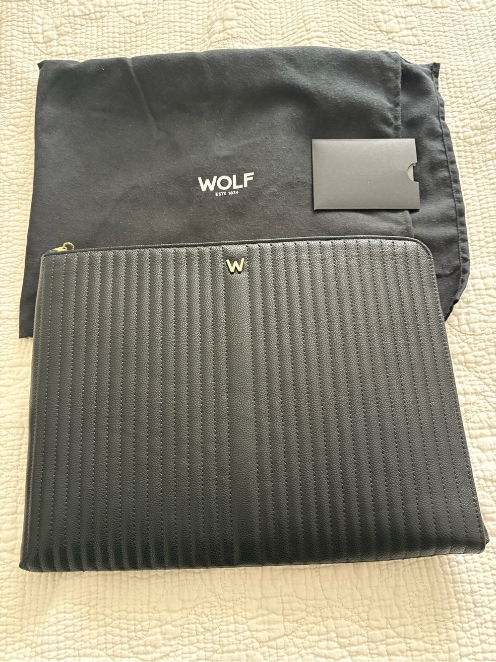 WOLF 1834 Mimi 13” Laptop Sleeve Case Black Quilted Vegan Leather, Gold W Logo